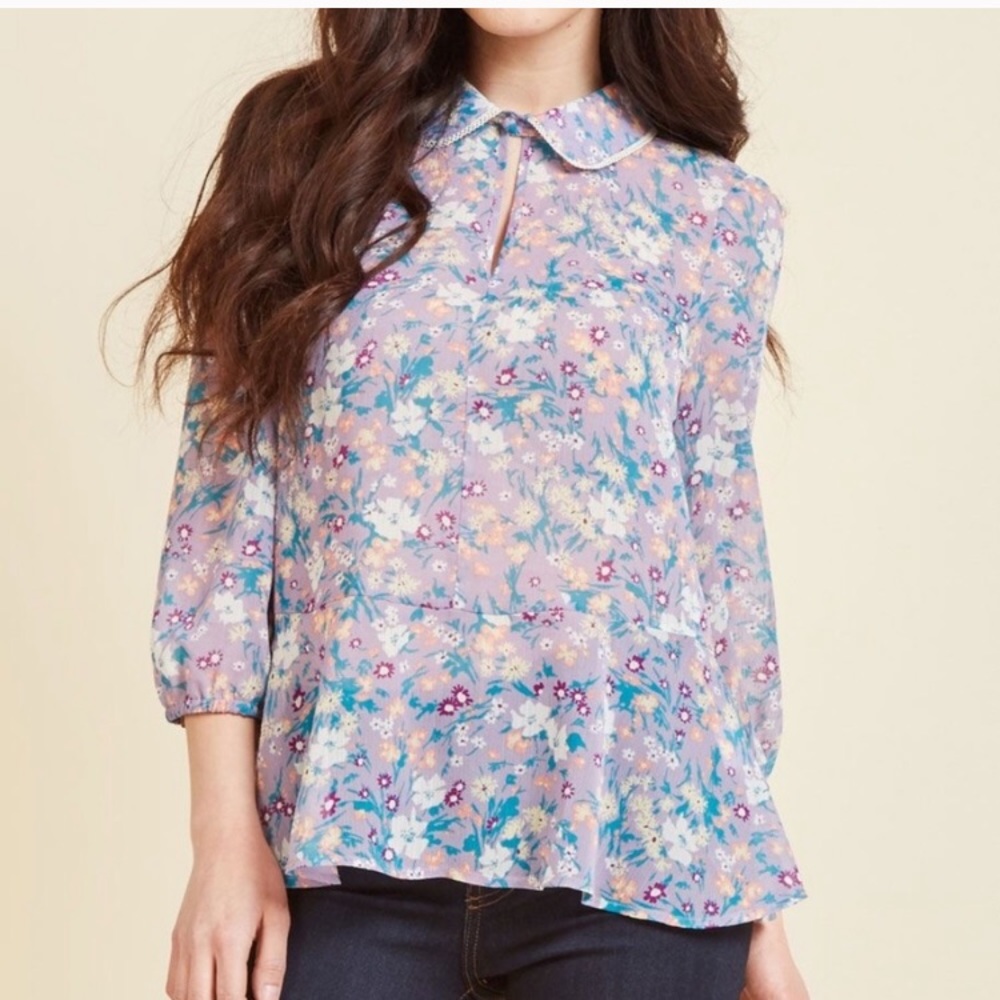 ModCloth Blouse Women Small Lavender Floral Peplum Lace Collar Keyhole Boho Top